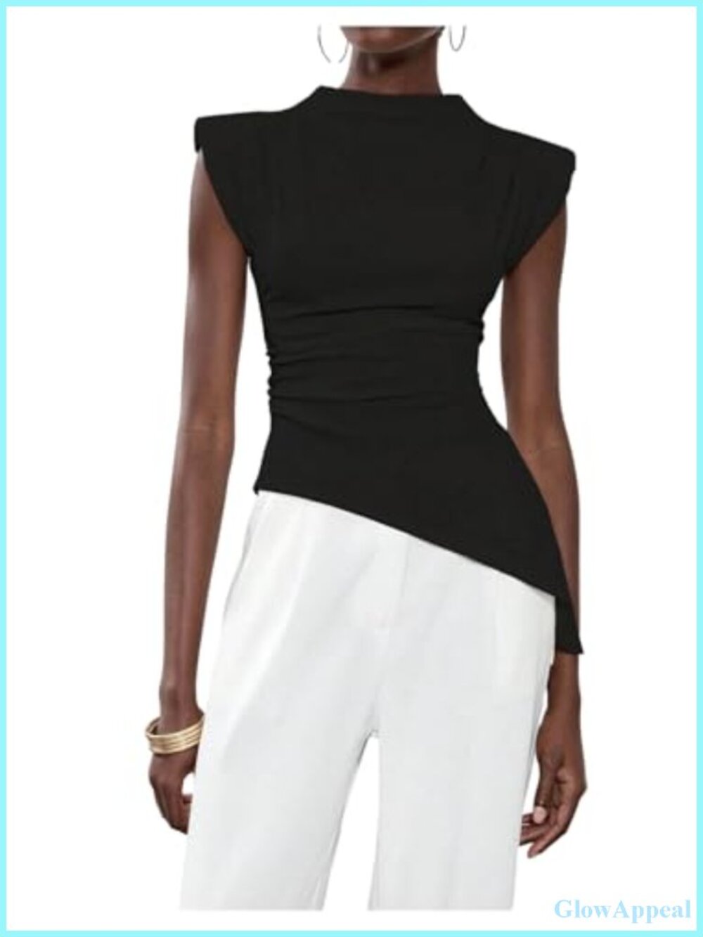 SweatyRocks Women's Asymmetrical Ruched Top Shoulder Pad Fitted Mock Neck